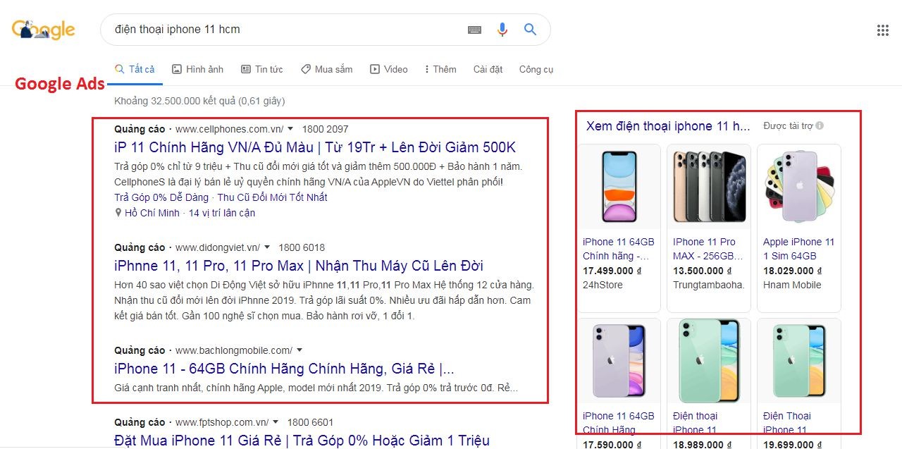 Kết quả quảng cáo Google ads